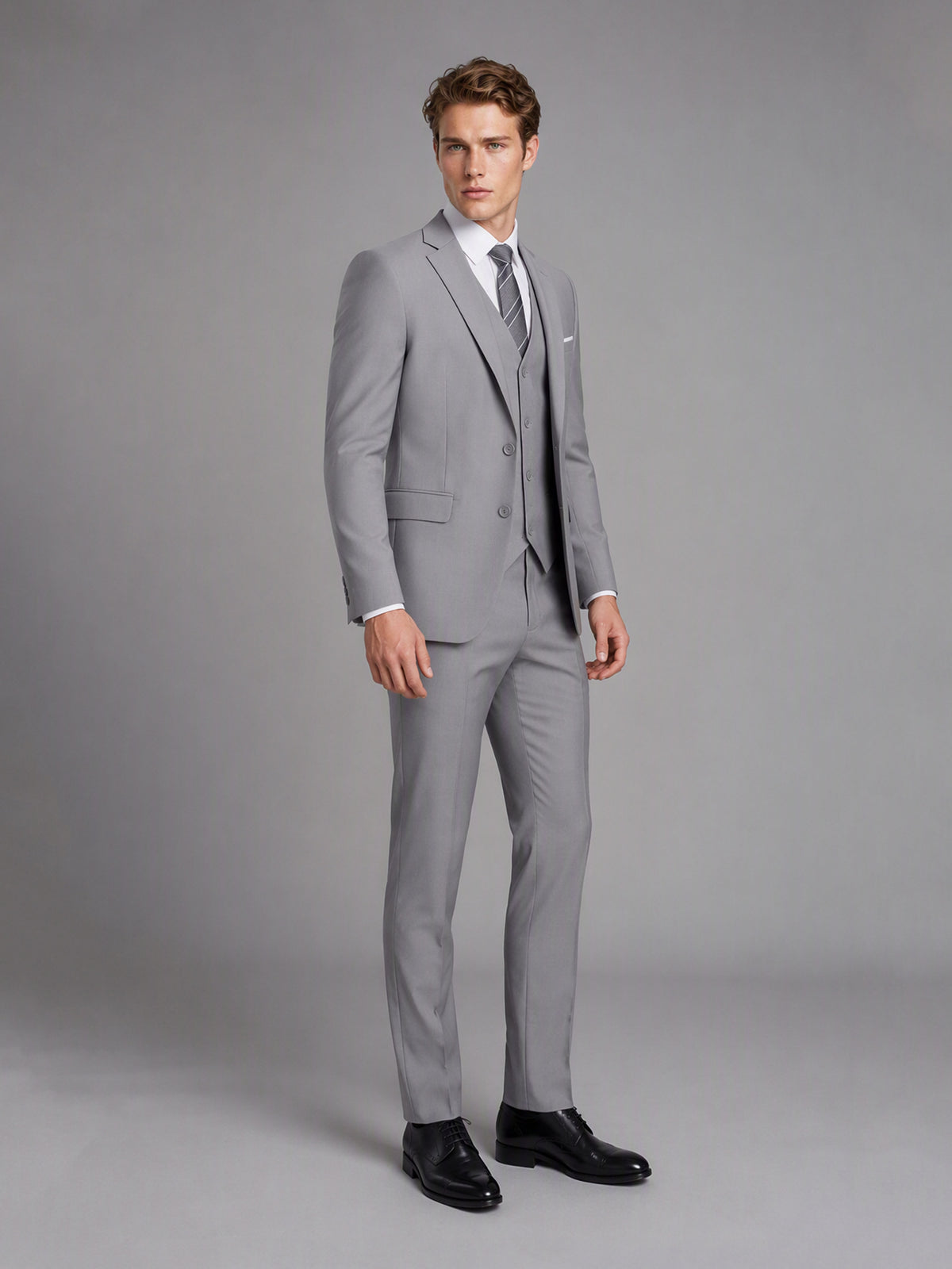 Savile GA0145 Men's Light Grey 3-Piece Suit Set – Front View with Vest Detail
