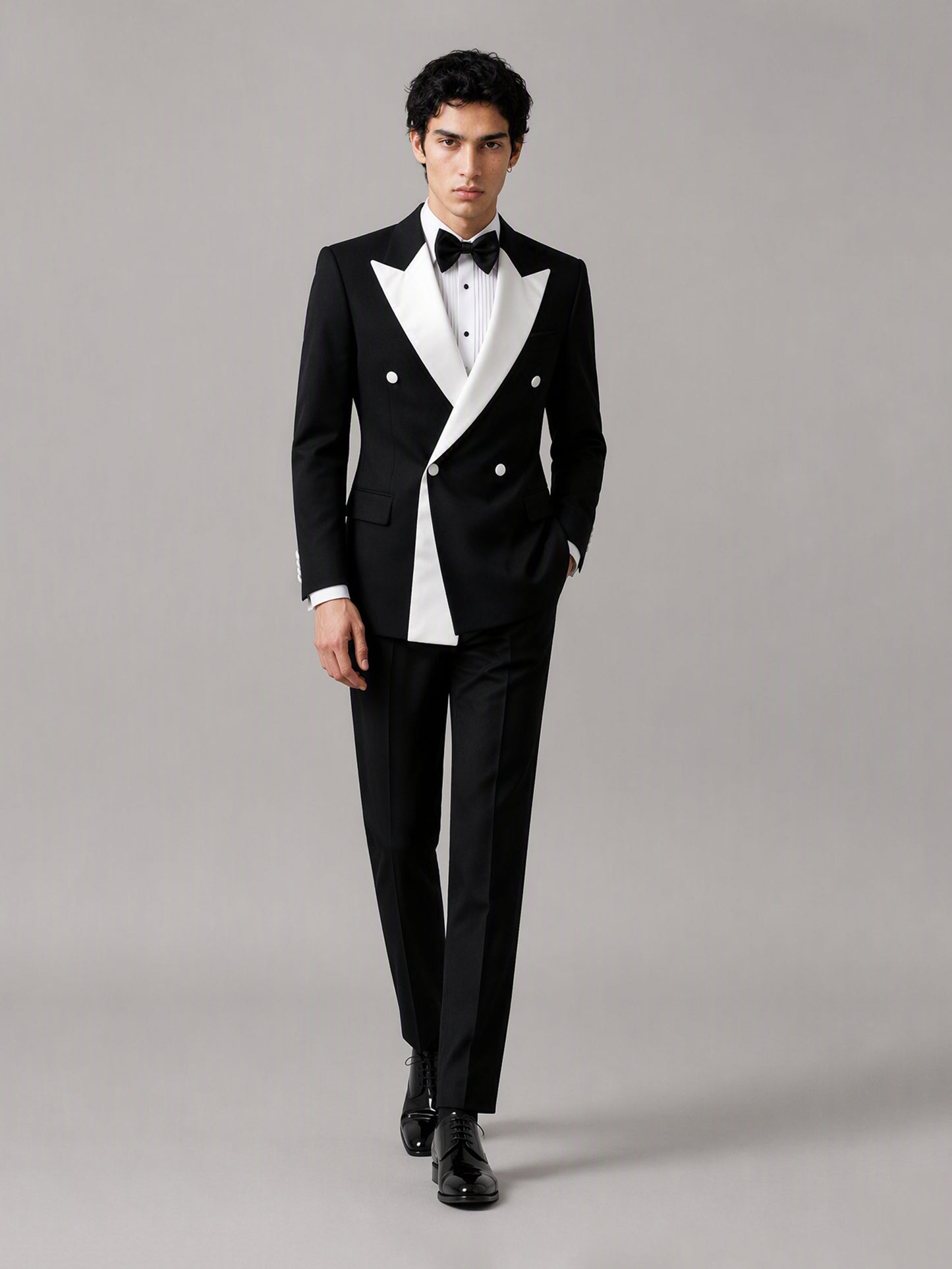 Savile GA0146 Men's Black Double-Breasted Tuxedo Set – Front Full Body Walking View
