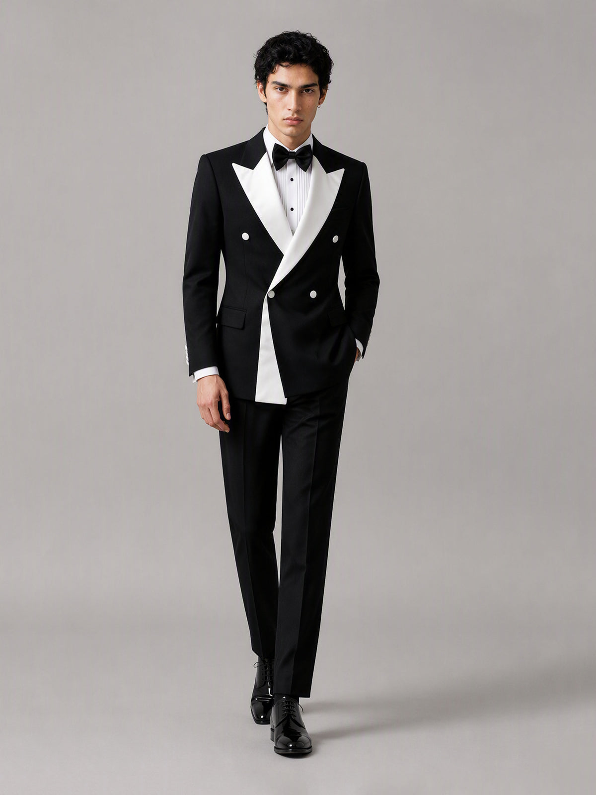 Savile GA0146 Men's Black Double-Breasted Tuxedo Set – Front Full Body Walking View