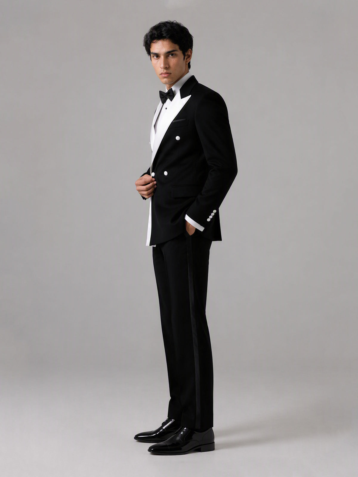 Savile GA0146 Men's Black Double-Breasted Tuxedo Set – Front Full Body Standing View