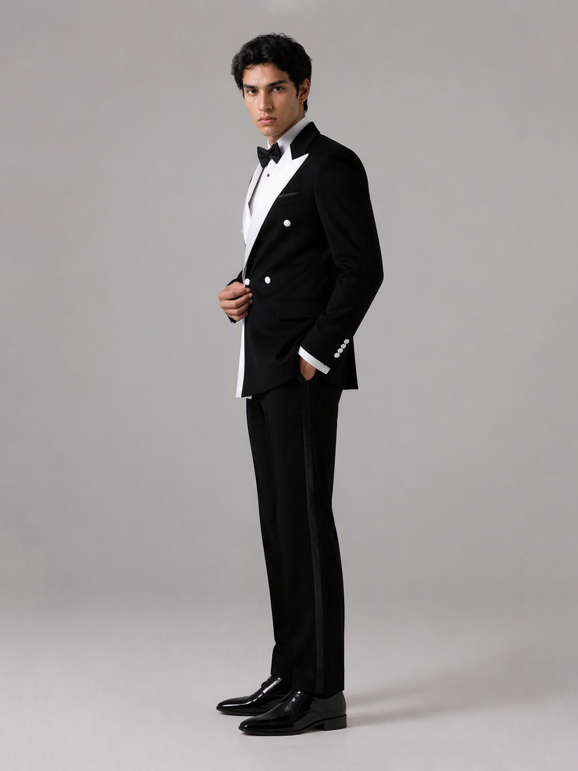 Savile GA0146 Men's Black Double-Breasted Tuxedo Set – Front Full Body Standing View
