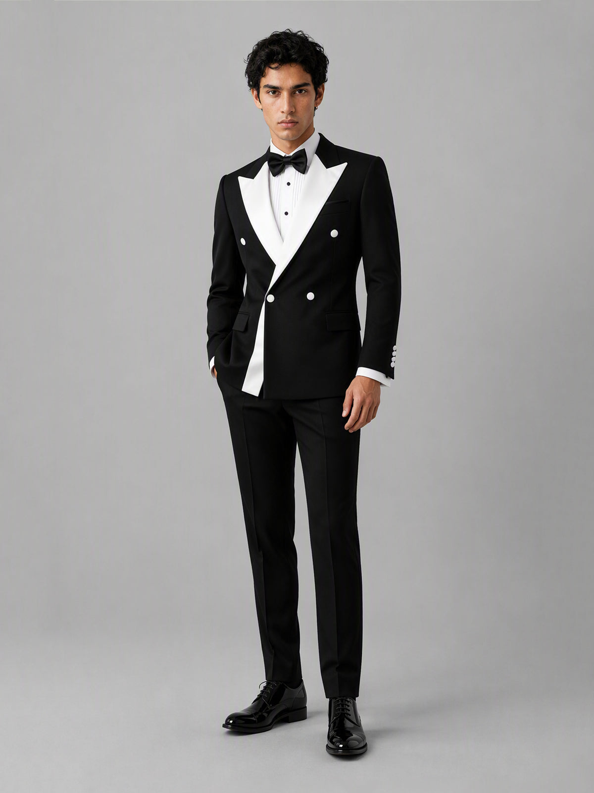 Savile GA0146 Men's Black Double-Breasted Tuxedo Set – Front Close-Up Lapel Detail
