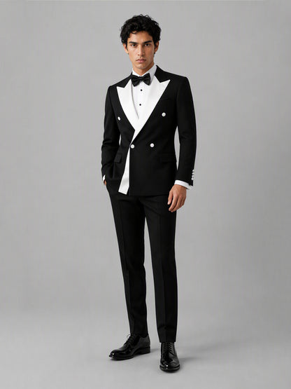 Savile GA0146 Men's Black Double-Breasted Tuxedo Set – Front Close-Up Lapel Detail