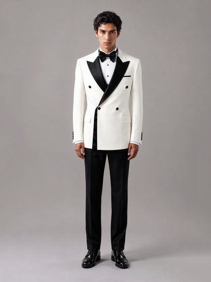 Savile GA0146-White Men's Ivory Double-Breasted Tuxedo Set – Front Close-Up Lapel Detail