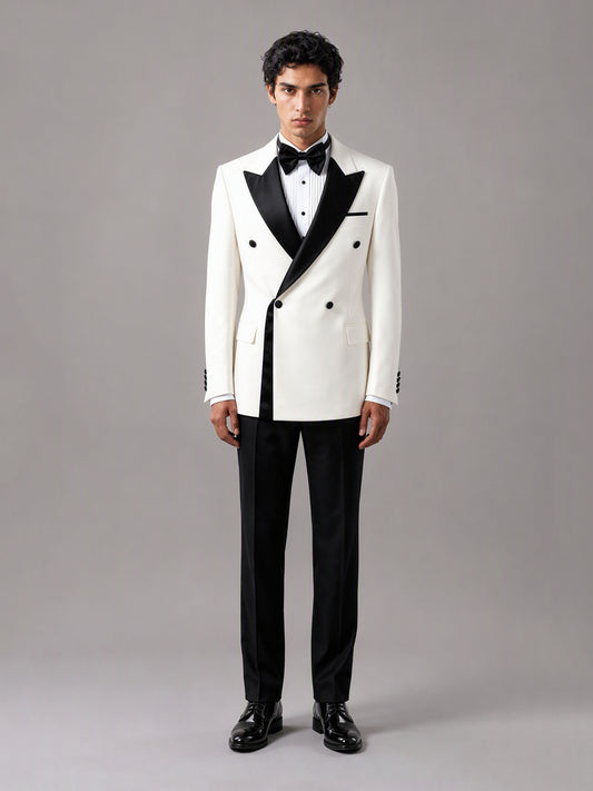 Savile GA0146-White Men's Ivory Double-Breasted Tuxedo Set – Front Close-Up Lapel Detail