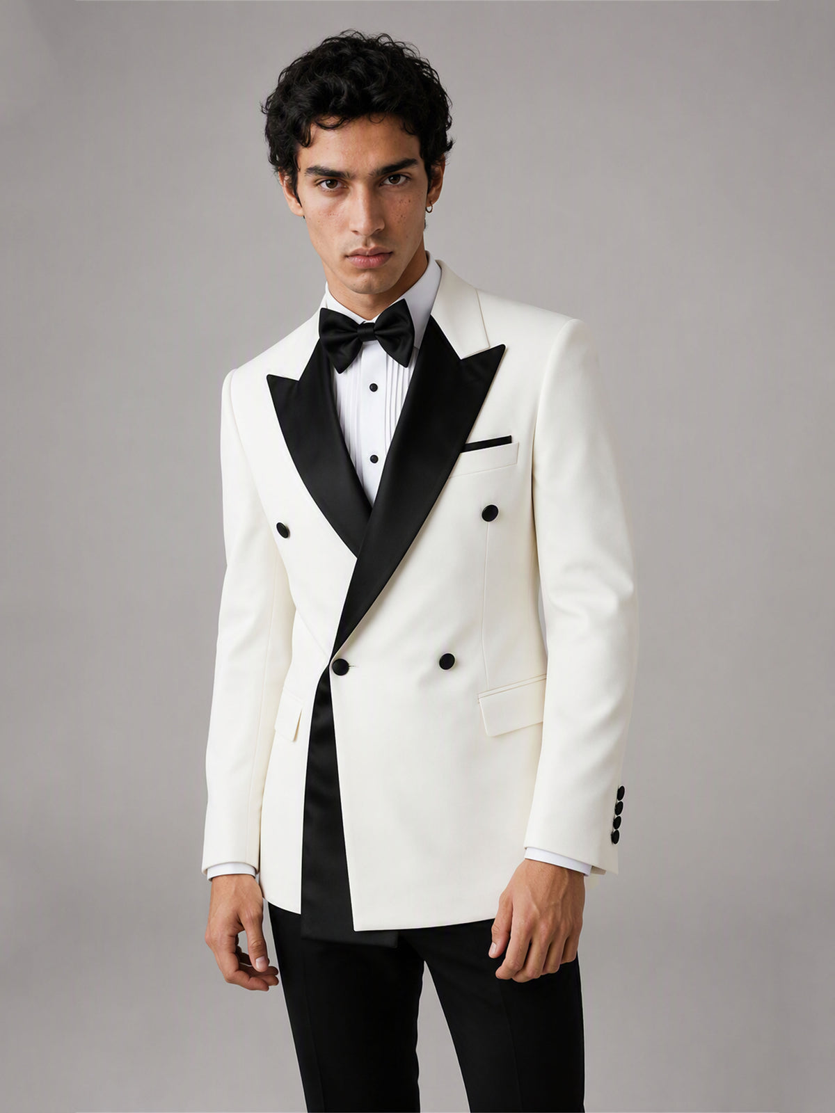 Savile GA0146-White Men's Ivory Double-Breasted Tuxedo Set – Front Full Body View