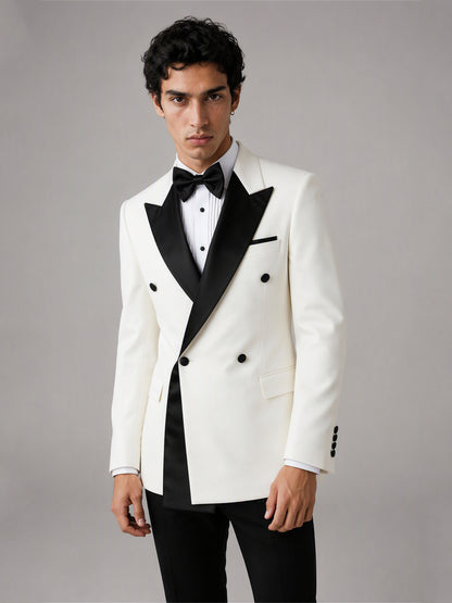 Savile GA0146-White Men's Ivory Double-Breasted Tuxedo Set – Front Full Body View