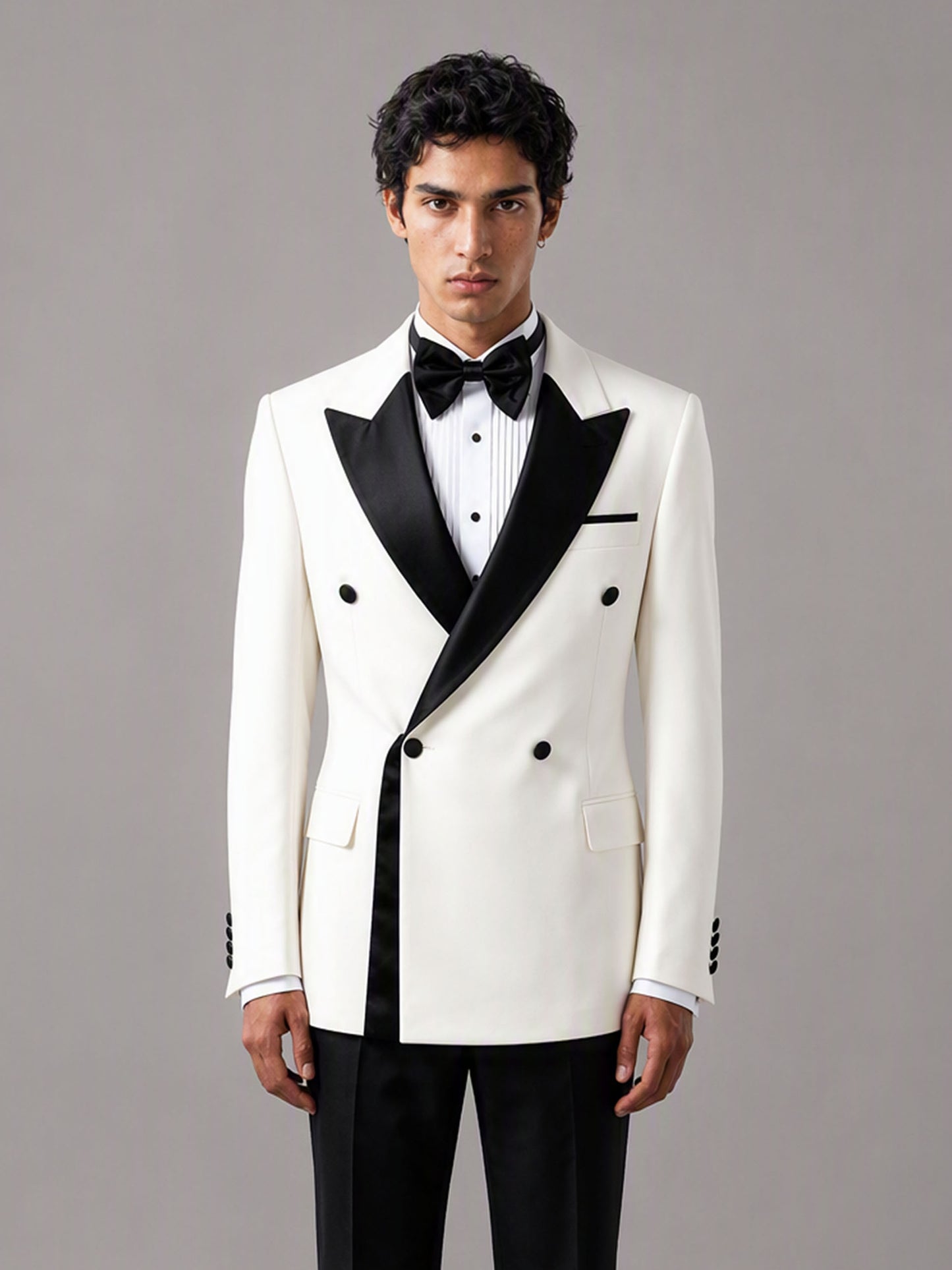 Savile GA0146-White Men's Ivory Double-Breasted Tuxedo Set – Front Full Body View with Shoes