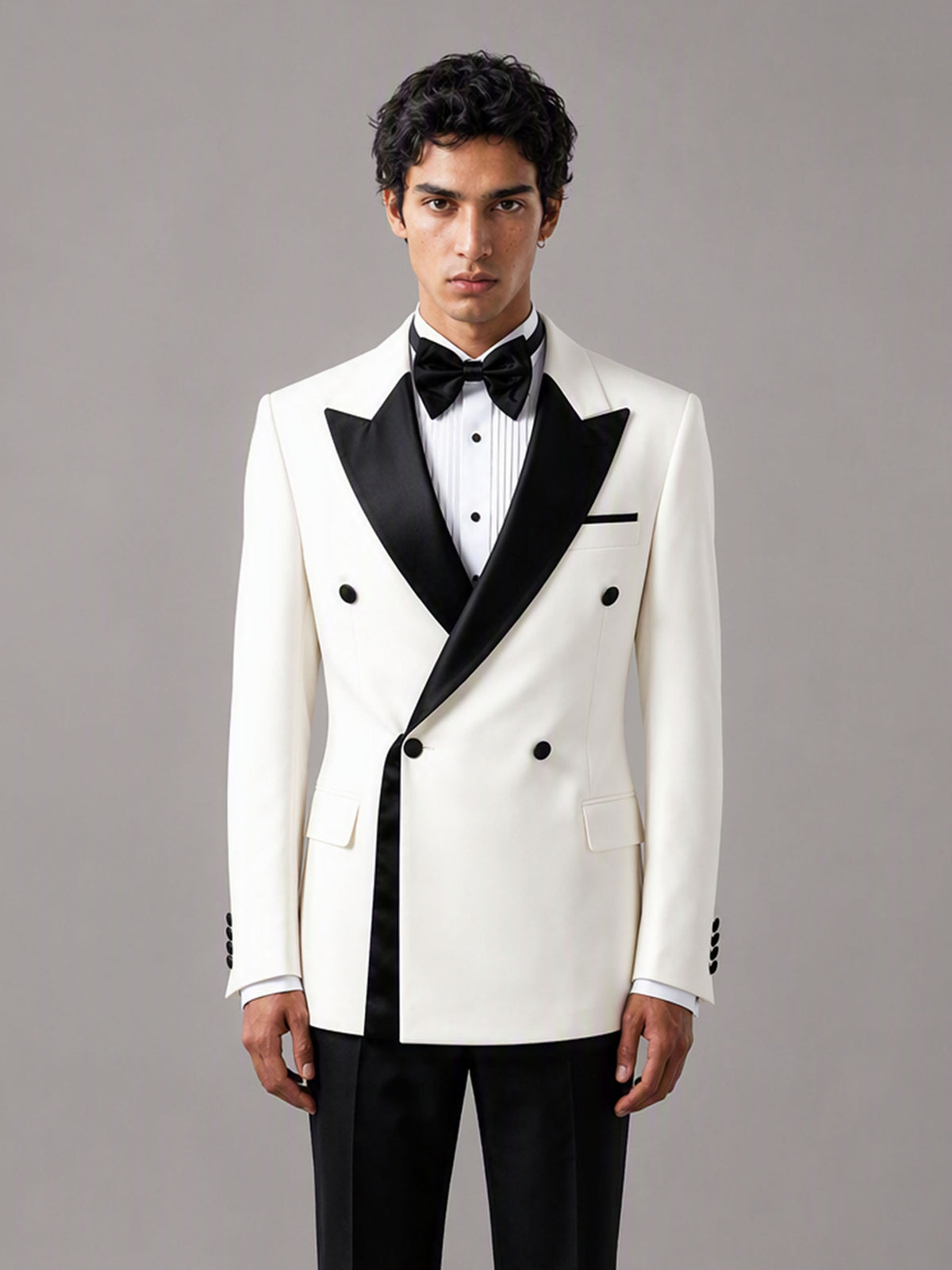 Savile GA0146-White Men's Ivory Double-Breasted Tuxedo Set – Front Full Body View with Shoes