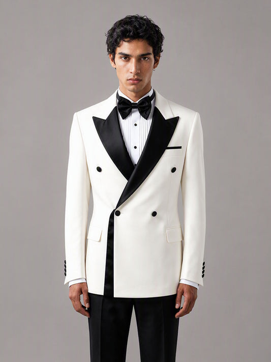 Savile GA0146-White Men's Ivory Double-Breasted Tuxedo Set – Front Full Body View with Shoes