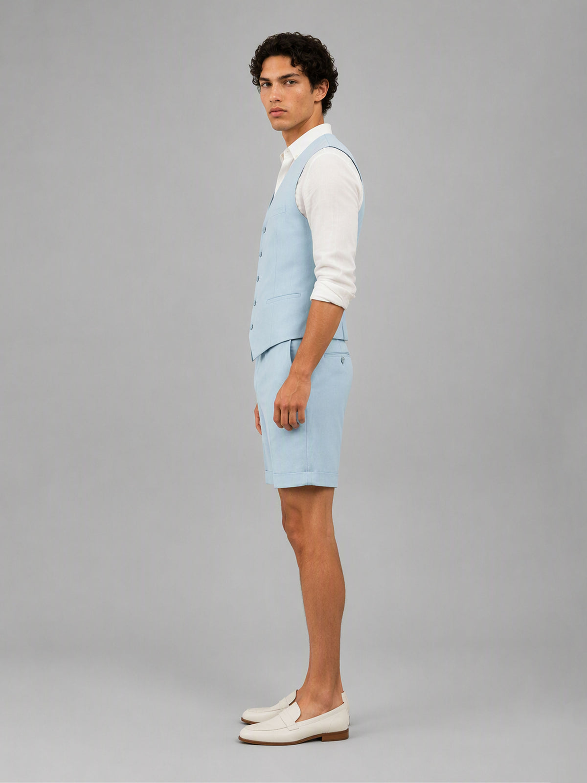 Savile GA0147 Men's Light Blue Linen Vest & Shorts Set – Front View with Vest Detail