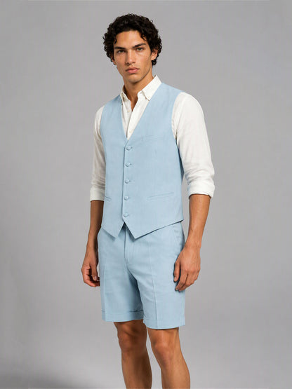 Savile GA0147 Men's Light Blue Linen Vest & Shorts Set – Side Profile View with Loafers