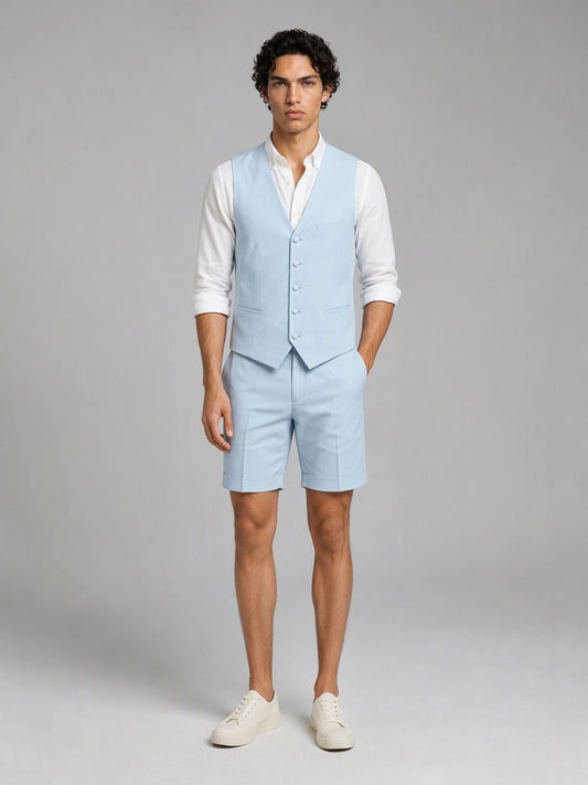 Savile GA0147 Men's Light Blue Linen Vest & Shorts Set – Front Full Body View with Sneakers