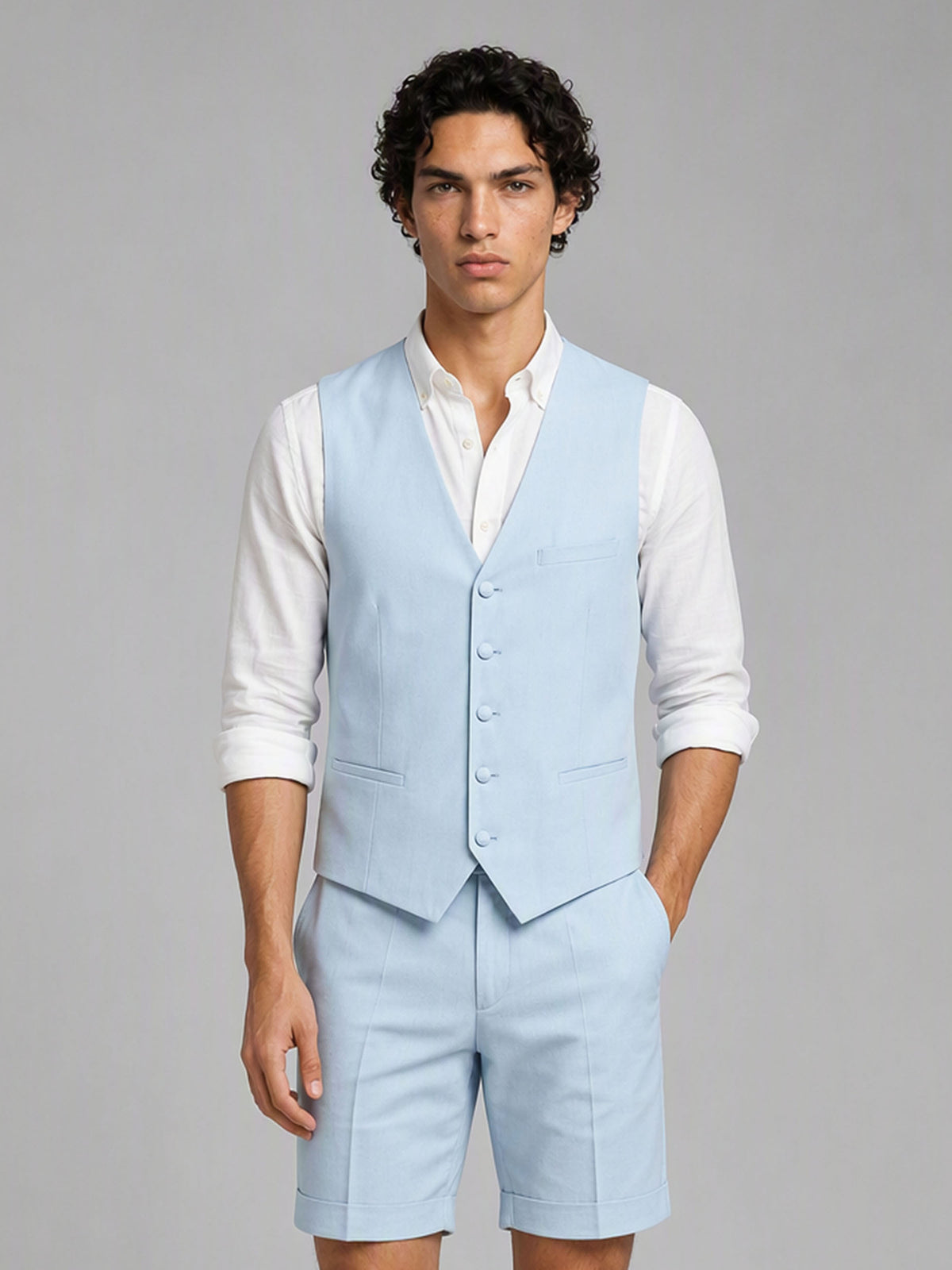 Savile GA0147 Men's Light Blue Linen Vest & Shorts Set – Back View