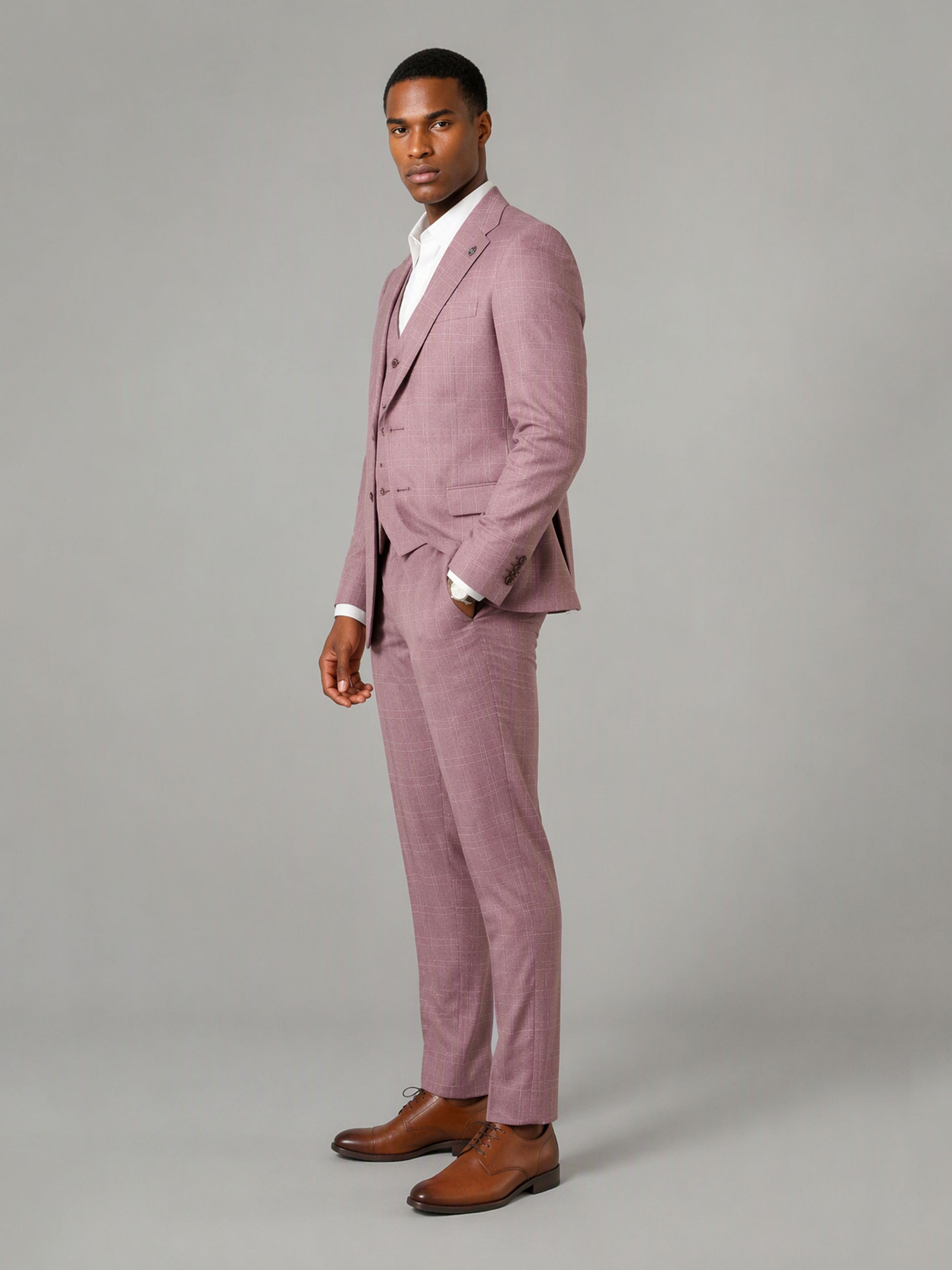 Savile GA0148 Men's Dusty Rose Windowpane Check Suit – Side Profile View