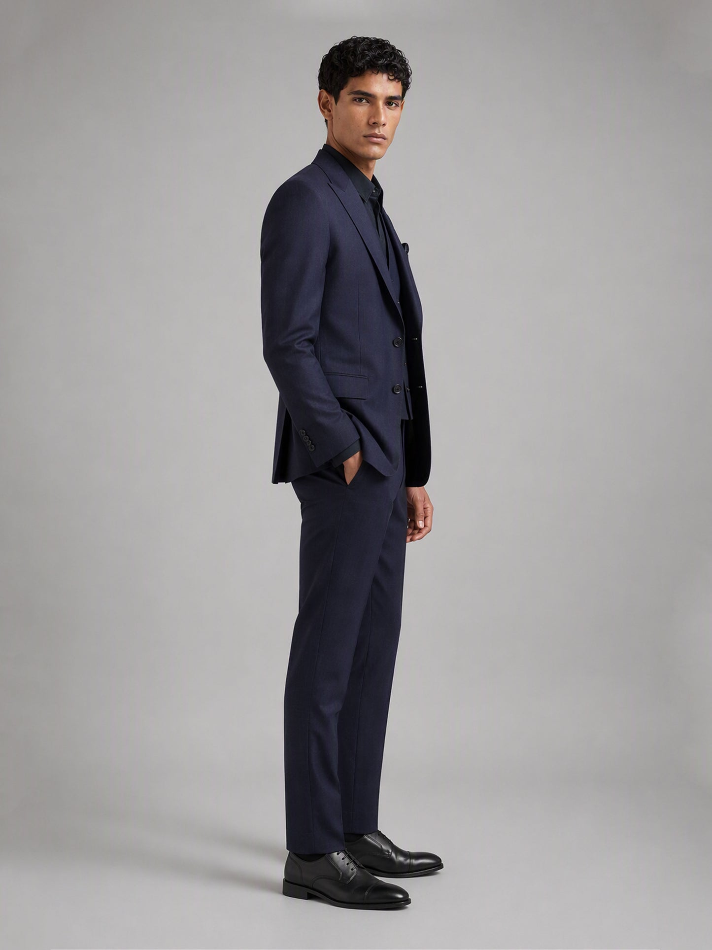 Savile GA0149 Men's Navy Blue Plaid 3-Piece Suit Set – Front Close-Up with Vest Detail
