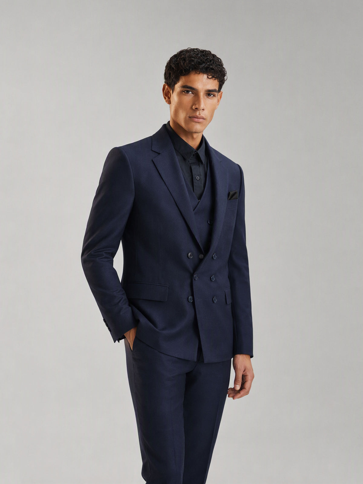 Savile GA0149 Men's Navy Blue Plaid 3-Piece Suit Set – Side Profile View