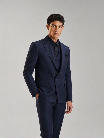 Savile GA0149 Men's Navy Blue Plaid 3-Piece Suit Set – Side Profile View