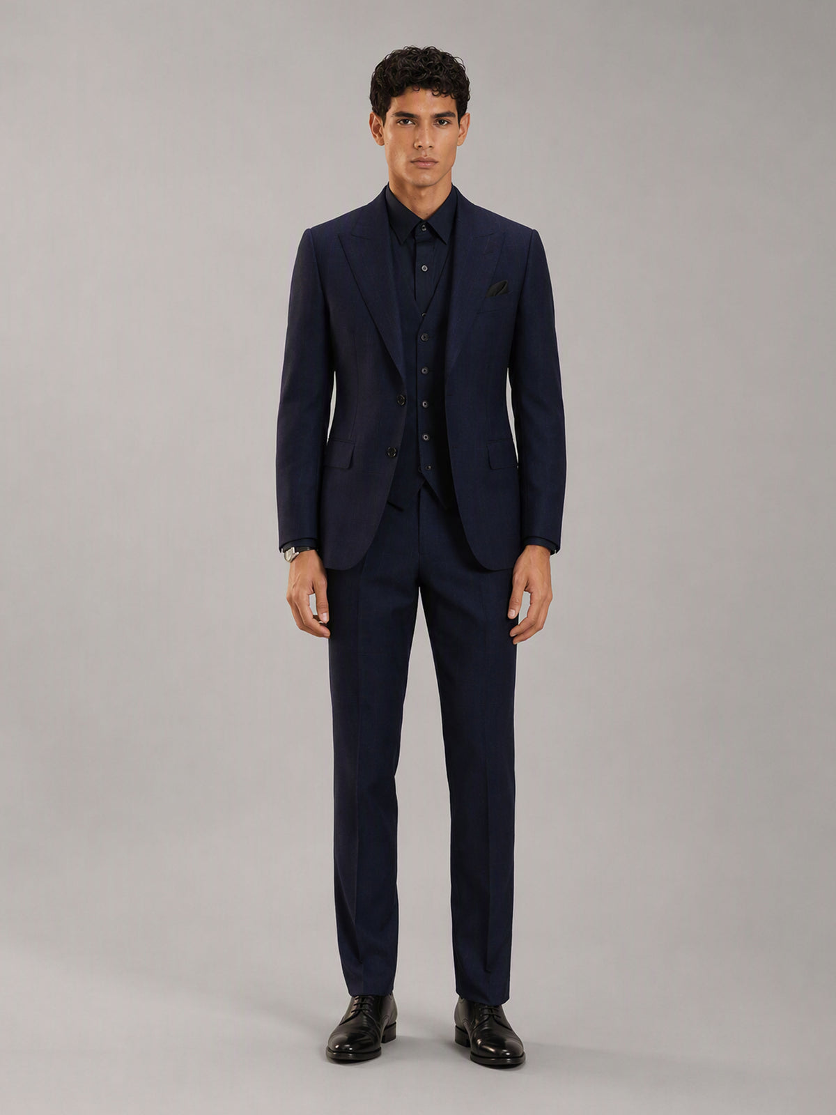 Savile GA0149 Men's Navy Blue Plaid 3-Piece Suit Set – Front Full Body View
