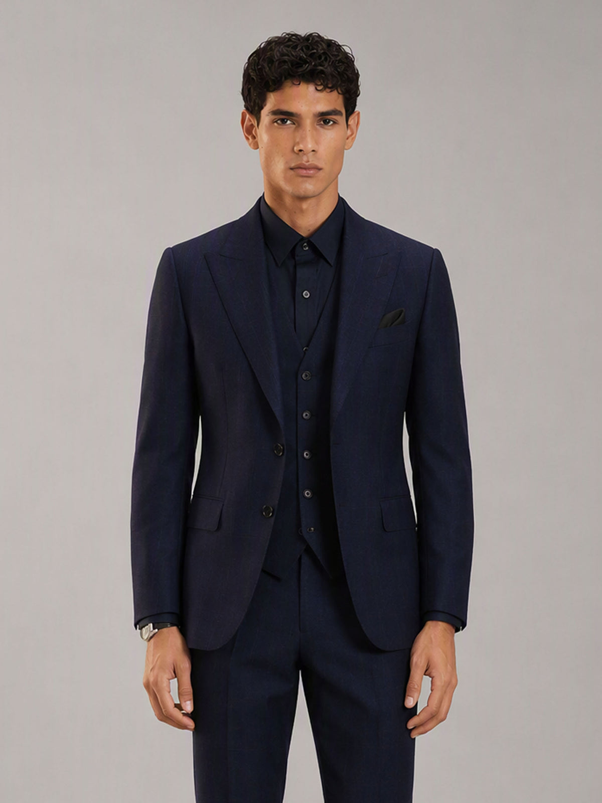 Savile GA0149 Men's Navy Blue Plaid 3-Piece Suit Set – Back View