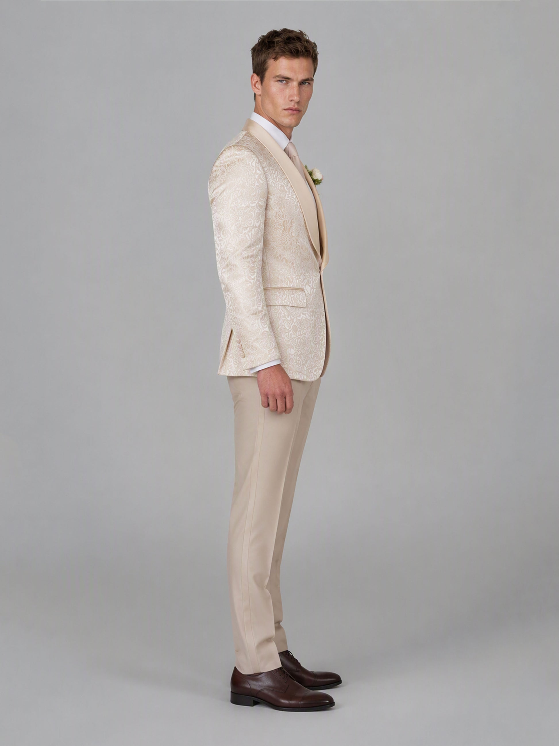 Savile GA0150 Men's Champagne Jacquard Embroidered Tuxedo – Front Close-Up with Bow Tie & Embroidery Detail