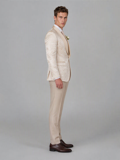 Savile GA0150 Men's Champagne Jacquard Embroidered Tuxedo – Front Close-Up with Bow Tie & Embroidery Detail