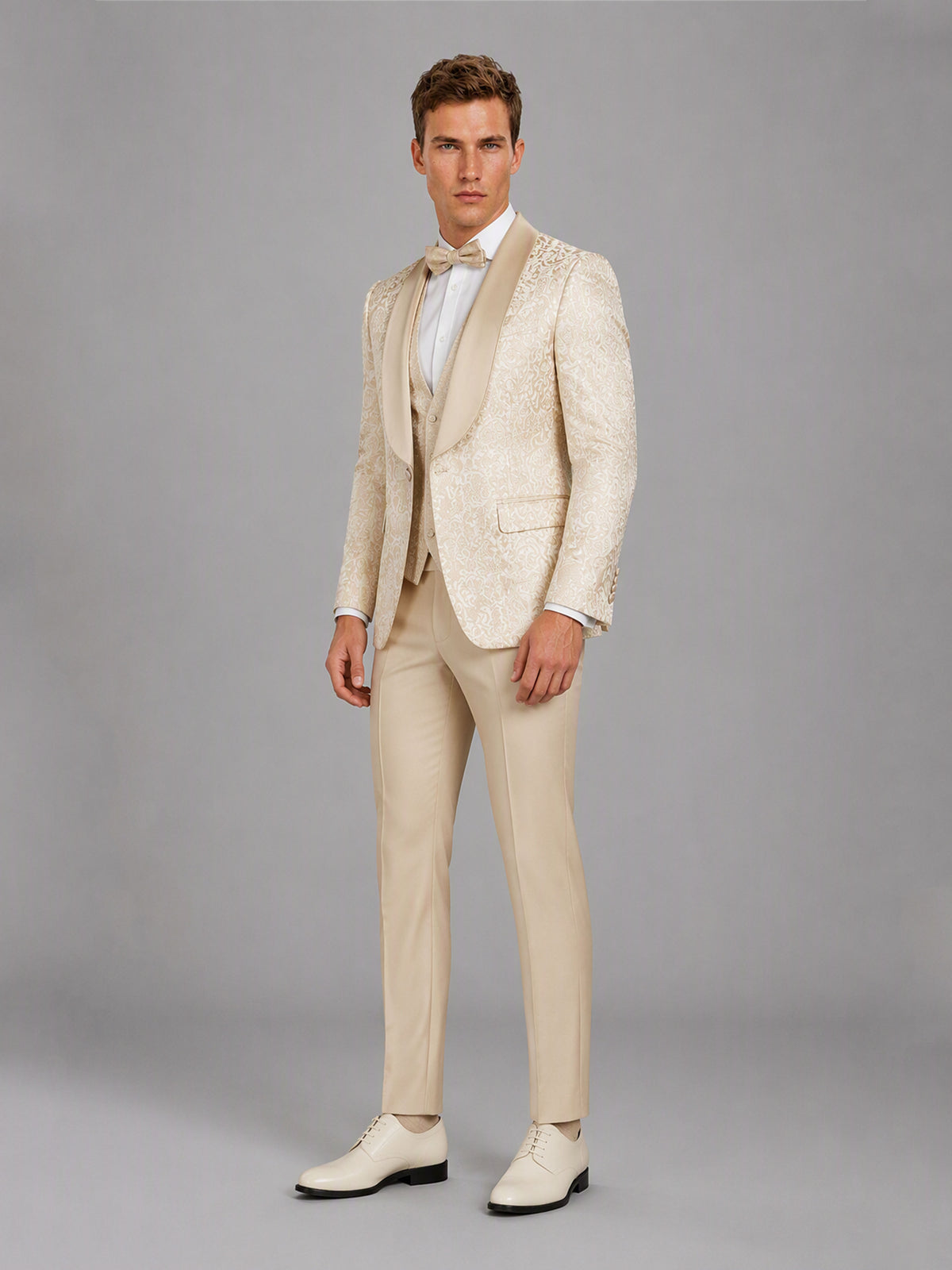 Savile GA0150 Men's Champagne Jacquard Embroidered Tuxedo – Side Profile View with Brown Shoes
