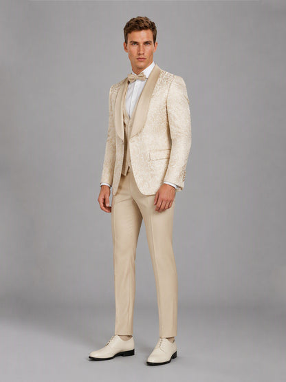 Savile GA0150 Men's Champagne Jacquard Embroidered Tuxedo – Side Profile View with Brown Shoes