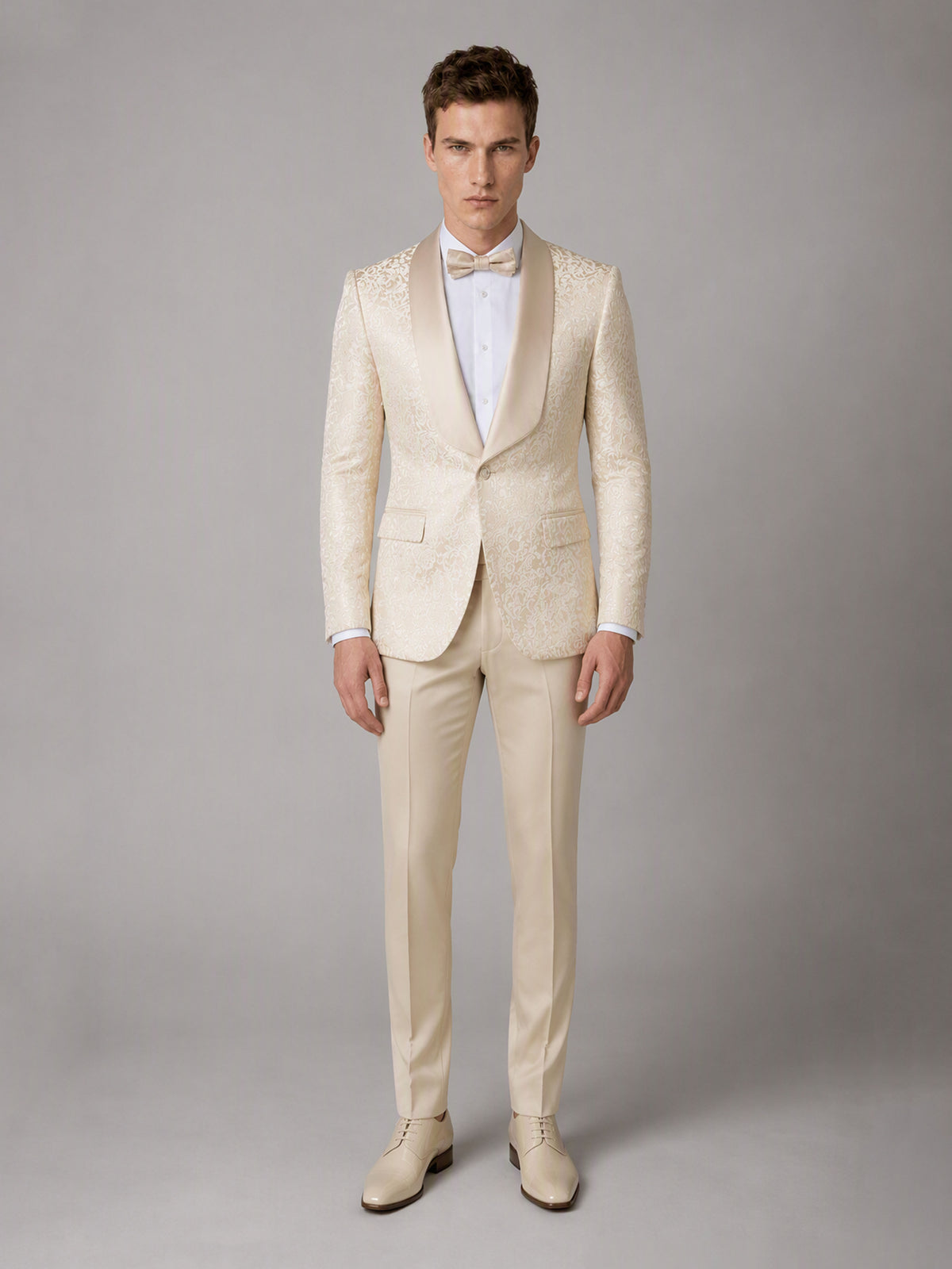 Savile GA0150 Men's Champagne Jacquard Embroidered Tuxedo – Front Full Body View with White Shoes