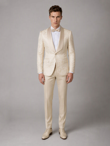 Savile GA0150 Men's Champagne Jacquard Embroidered Tuxedo – Front Full Body View with White Shoes