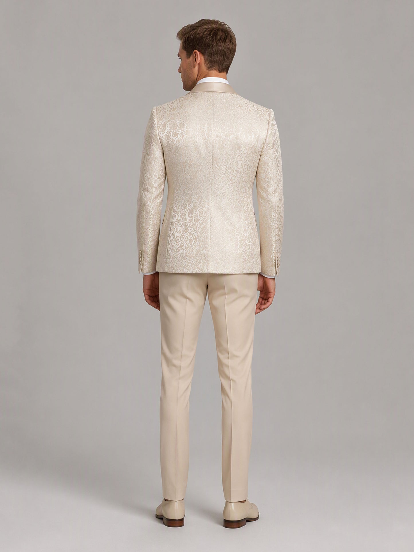 Savile GA0150 Men's Champagne Jacquard Embroidered Tuxedo – Front Full Body View with Cream Shoes