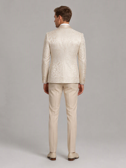 Savile GA0150 Men's Champagne Jacquard Embroidered Tuxedo – Front Full Body View with Cream Shoes