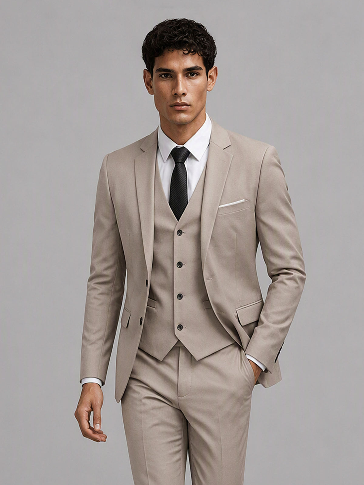 Savile GA0151 Men's Khaki Beige 3-Piece Suit Set – 3/4 Angle Front View with Black Shoes