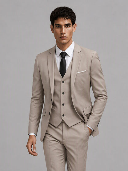 Savile GA0151 Men's Khaki Beige 3-Piece Suit Set – 3/4 Angle Front View with Black Shoes