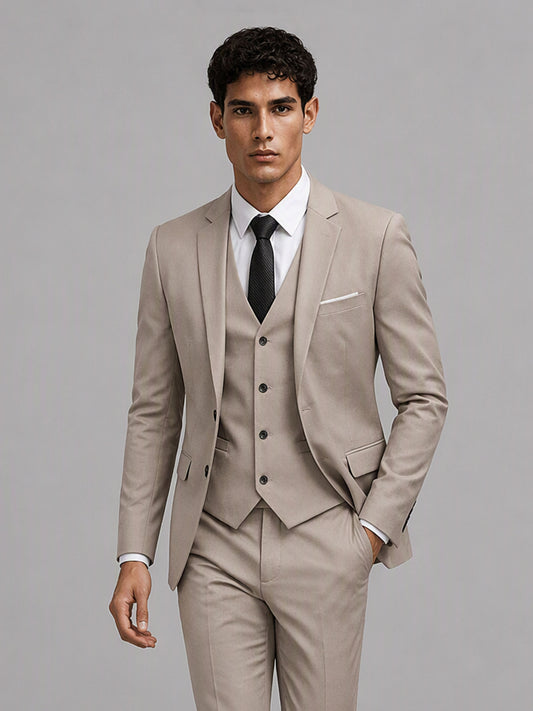 Savile GA0151 Men's Khaki Beige 3-Piece Suit Set – 3/4 Angle Front View with Black Shoes