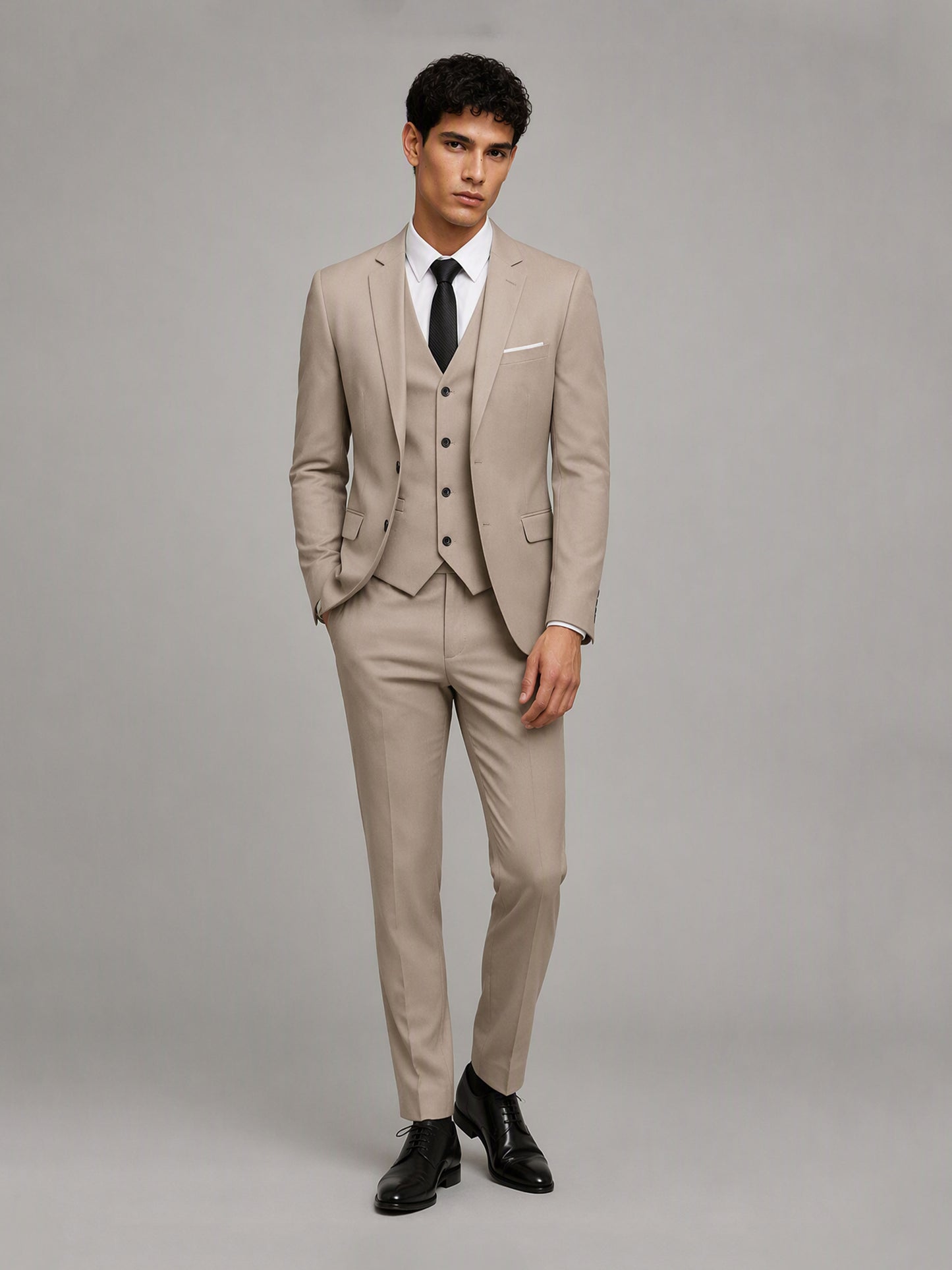 Savile GA0151 Men's Khaki Beige 3-Piece Suit Set – Front Close-Up with Vest & Tie Detail