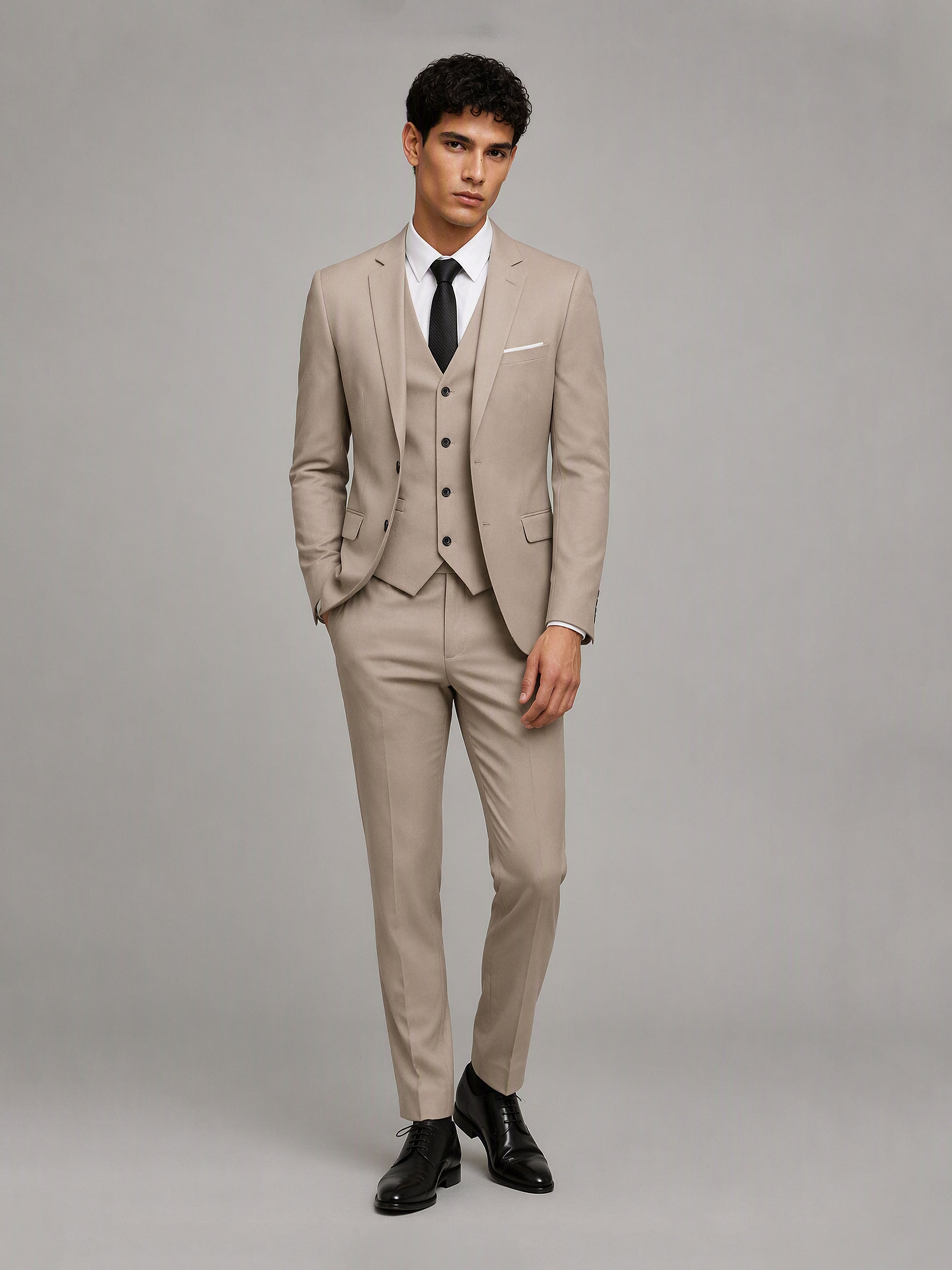 Savile GA0151 Men's Khaki Beige 3-Piece Suit Set – Front Close-Up with Vest & Tie Detail