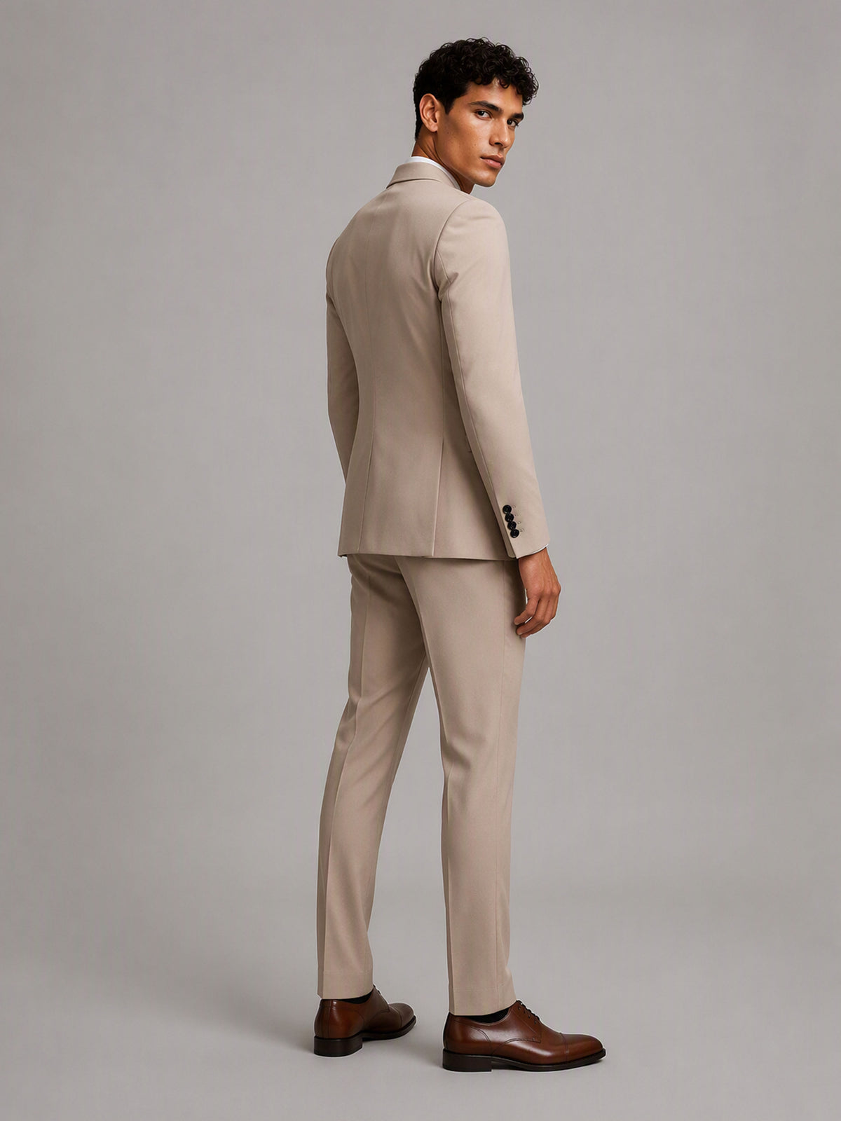 Savile GA0151 Men's Khaki Beige 3-Piece Suit Set – Front Full Body View with Black Shoes
