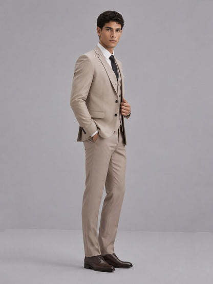 Savile GA0151 Men's Khaki Beige 3-Piece Suit Set – Back 3/4 View with Brown Shoes