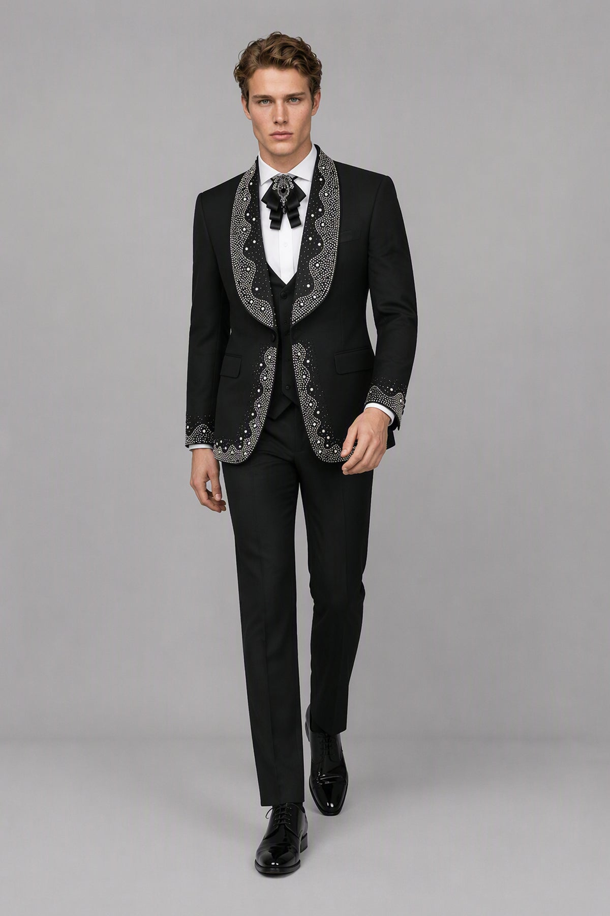 Men's Black Rhinestone Pearl Embellished Tuxedo Suit Set – Front View | Savile GA0152