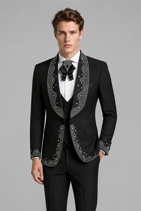 Men's Black Rhinestone Pearl Embellished Tuxedo Suit Set – Side View | Savile GA0152