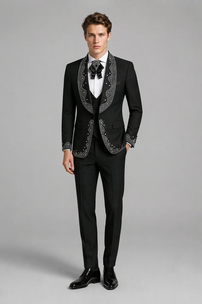 Men's Black Rhinestone Pearl Embellished Tuxedo Suit Set – Back View | Savile GA0152