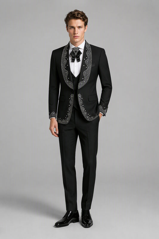 Men's Black Rhinestone Pearl Embellished Tuxedo Suit Set – Back View | Savile GA0152