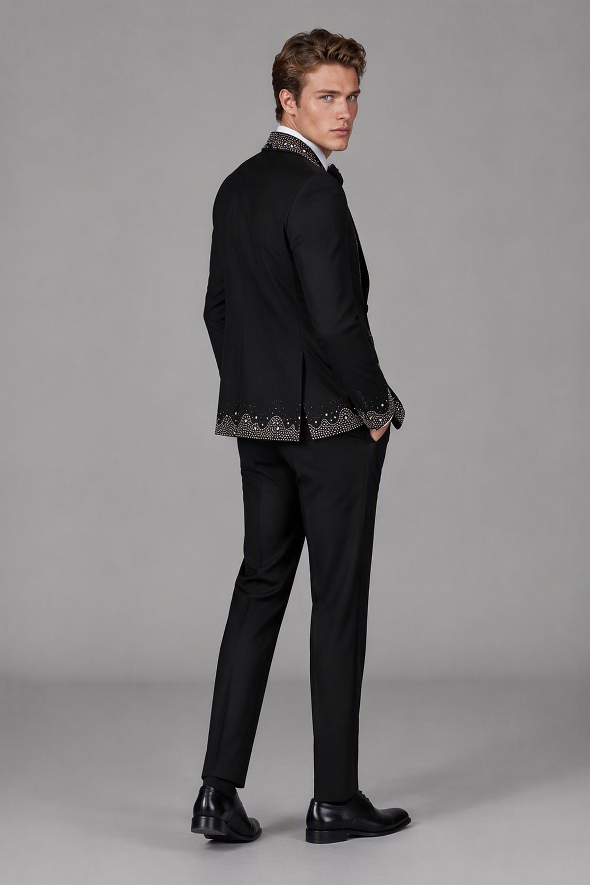 Men's Black Rhinestone Pearl Embellished Tuxedo Suit Set – Full Length Front | Savile GA0152