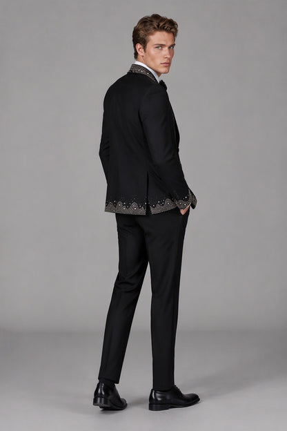 Men's Black Rhinestone Pearl Embellished Tuxedo Suit Set – Full Length Front | Savile GA0152
