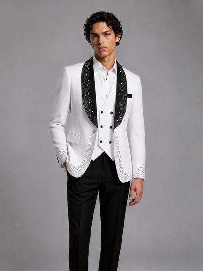 Savile GA0152 Men's White Rhinestone Tuxedo Set – Front Close-Up with Crystal Shawl Lapel & Vest Detail
