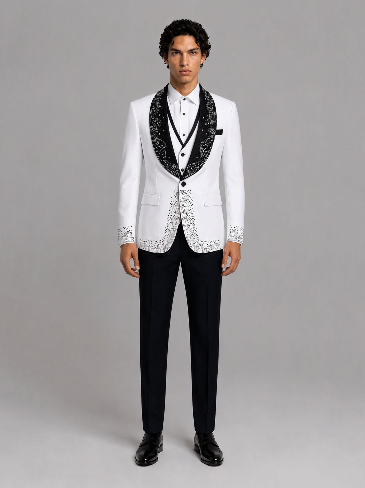 Savile GA0152 Men's White Rhinestone Tuxedo Set – Front Full Body View with Double-Breasted Vest