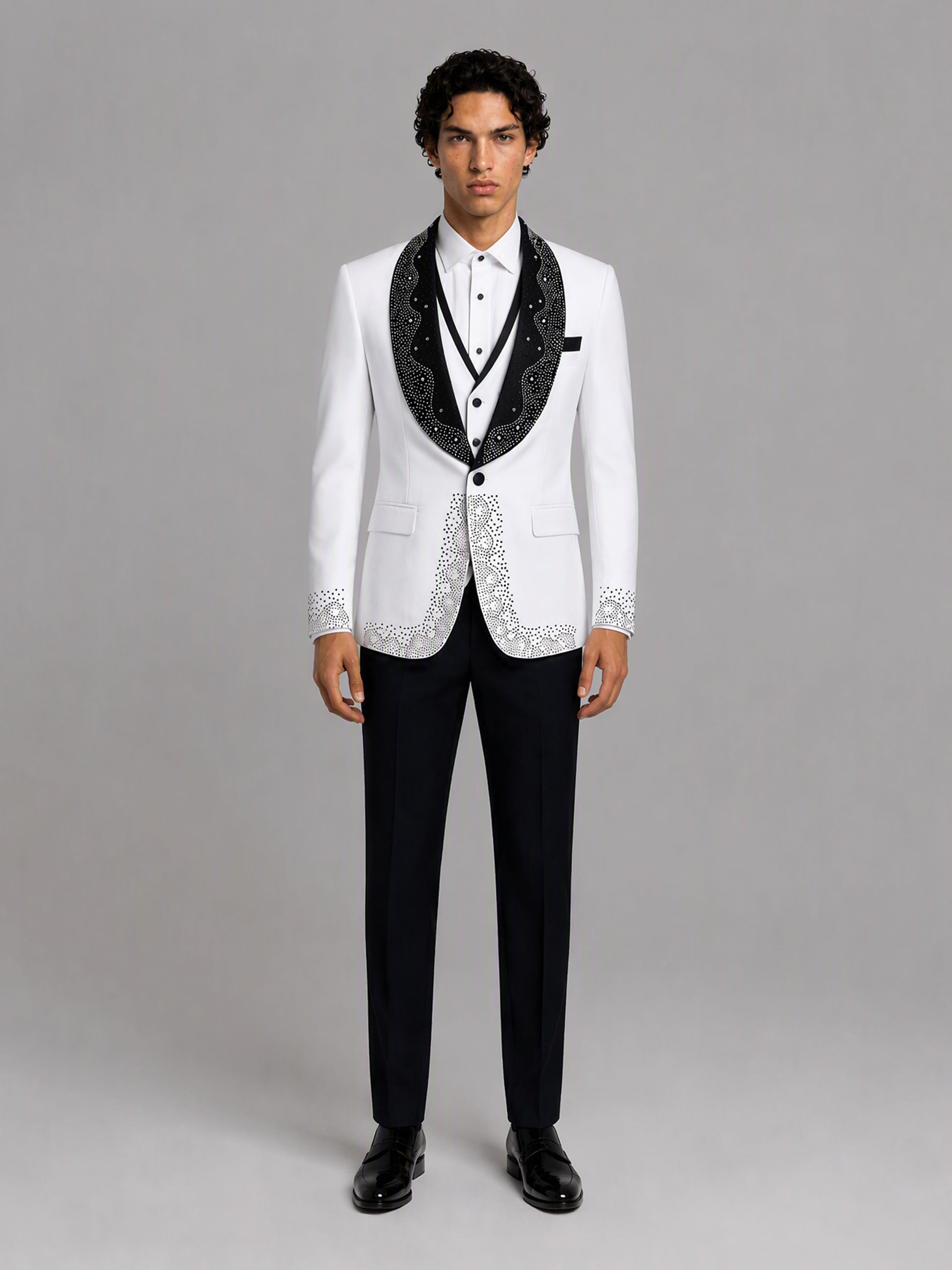 Savile GA0152 Men's White Rhinestone Tuxedo Set – Front Full Body View with Double-Breasted Vest