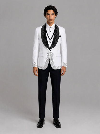 Savile GA0152 Men's White Rhinestone Tuxedo Set – Front Full Body View with Double-Breasted Vest
