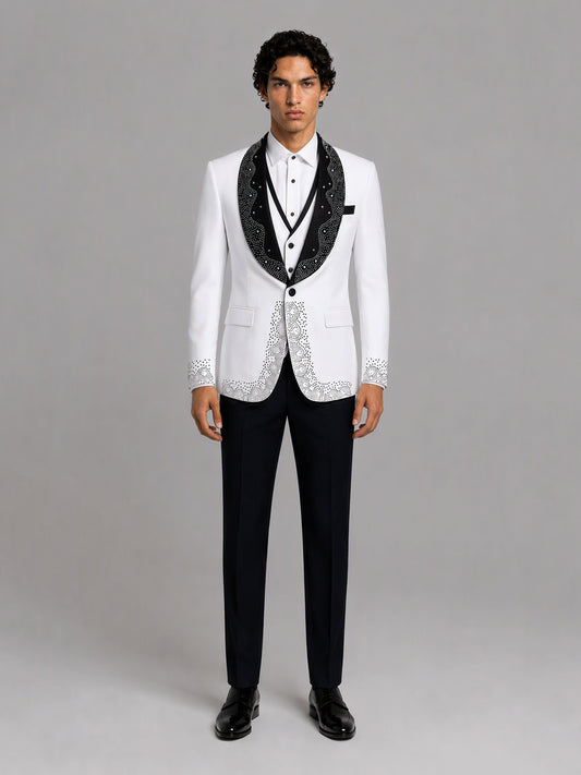 Savile GA0152 Men's White Rhinestone Tuxedo Set – Front Full Body View with Double-Breasted Vest